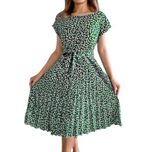 Women's Casual Layered Dress, Short-Sleeved Tie-Waist-Green S