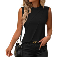 Women's Pleated Top Sleeveless Crewneck Business-Black XL