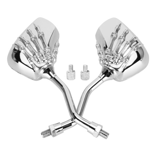 2pcs Motorcycle Chrome Rearview Mirrors 8mm/10mm Thread Skeleton Skull Hand 1