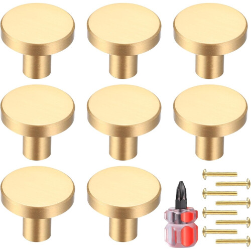 8Pcs 20x25mm Gold Cabinet Solid Knobs, Brushed Brass Round Kitchen Cabinet Hardware Pulls for Dresser Drawer Cupboard