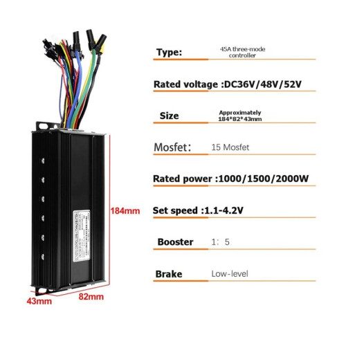 36V 48V 52V E-Bike Controller 45A 1000W 1500W 15-Tube Three Mode Controller Sine Wave Square Wave Switching Controller 1