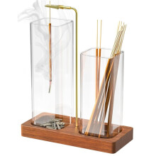 Grote Glazen Wierookhouder met Houten Voet, Asvanger en Opbergruimte (2-in-1) voor Woondecoratie