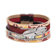 Flettet læderarmbånd flerlags wrap armbånd med justerbar lås fjertilbehør rhinsten design boheme smykker holdbar komfortabel f