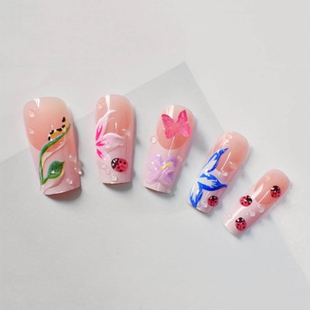 Penghui-Toys 24Pcs Middle Coffin Press On Nails With Flower Pattern Resin Press On Fake Nails For Fingernail Diy Decoration