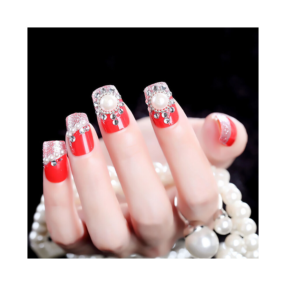 Hue-Grain 24Pcs French Bride Red Rhinestone Acrylic Nails
