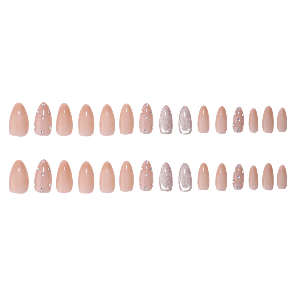 Hue-Grain Cat Eye Almond Fake Nails - Nude & Comfortable