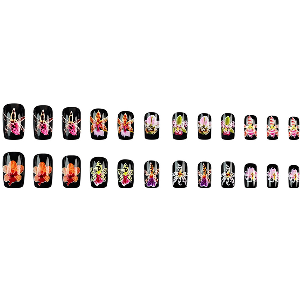 Zhouq-Outdoors Flower Print Glossy Black False Nails - 50 Char