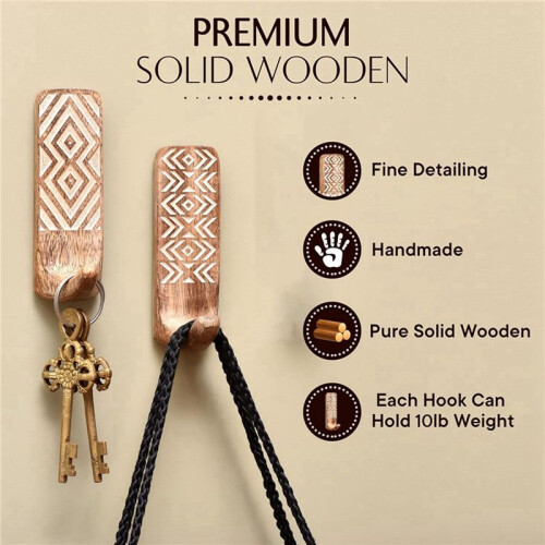 6 Pack Non-Destructive Wood Wall Hooks - Adhesive Wall Hooks - Boho Decorative Wall Hooks 2