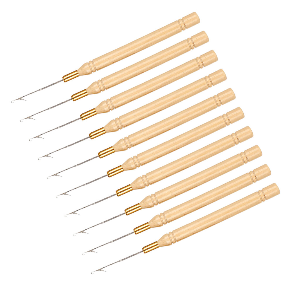 Unisex 10Pcs Wooden Handle Hair Extension Hook Needles For Wig Styling And Weaving