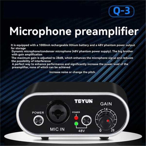 TEYUN Q3 28dB Microphone Amplifier Stage Microphone Preamplifier 48V Phantom Power for Dynamic/Condenser Microphones 1
