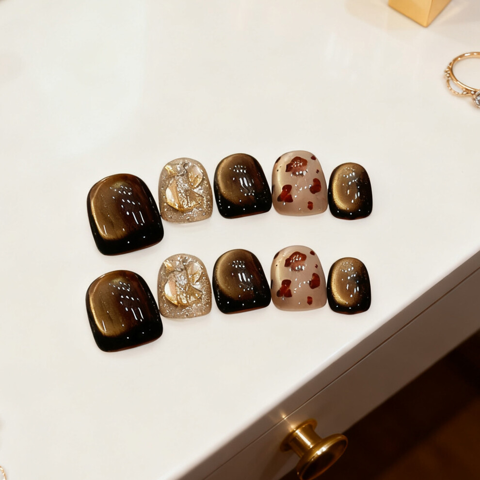 Creation-3C (Wood Tone Dotted Nail, Xs) 10Pcs Mocha Cat Eye Press-On Nails Short Coffin