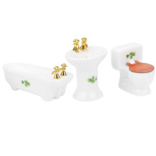 Miniature Ceramic Dollhouse Bathroom Set 4-Piece with Sink, Toilet & Bathtub