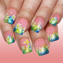 24Pcs French Stylish Short Square Fake Nail Gold Glossy Daisy