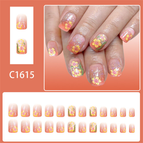 Short Square Press On Nail 24Pcs Shimmering Flower Pattern 1