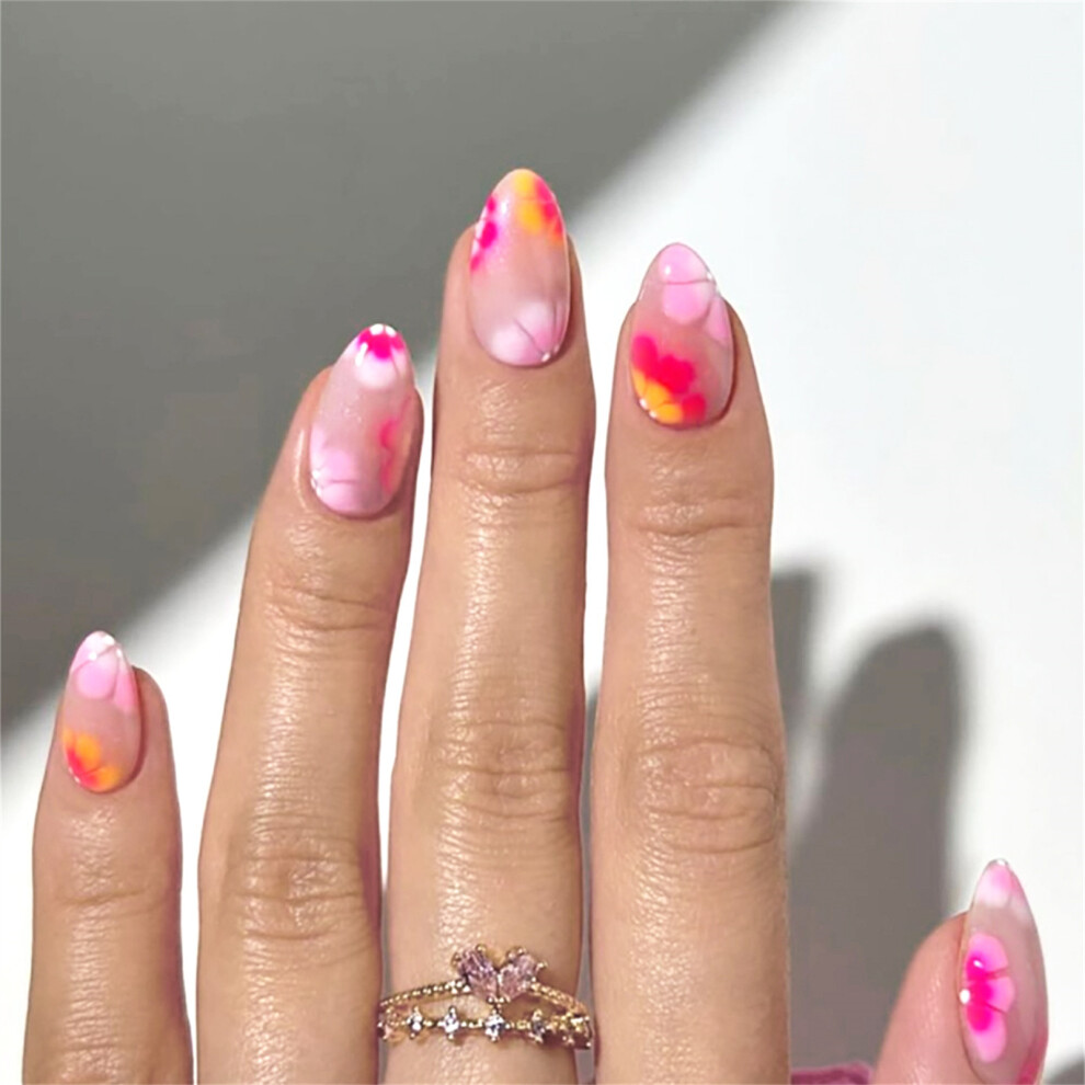 Hue-Grain 30Pcs Pink Almond Fake Nails With Flower Print