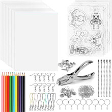 1set ShrinkyDink Keychain Kit, ShrinkPlastic Sheets with Colored Pencils, for Kids Crafts Jewelry Making DIY A