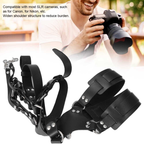 Durable Leather Double Shoulder Camera Strap for DSLR Cameras - Black Fastening 2