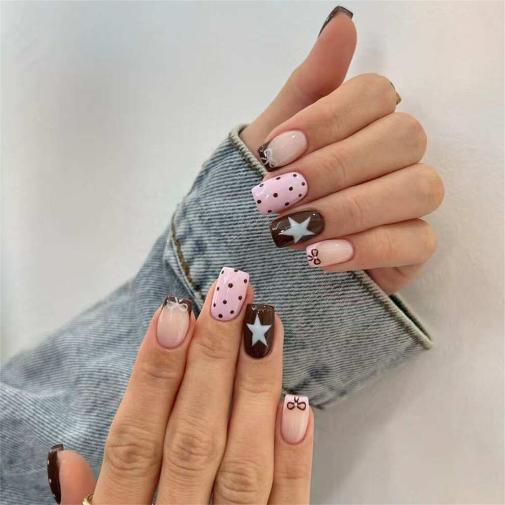 Dcph-Clothing 24Pcs Brown Polka Dot Fake Nails