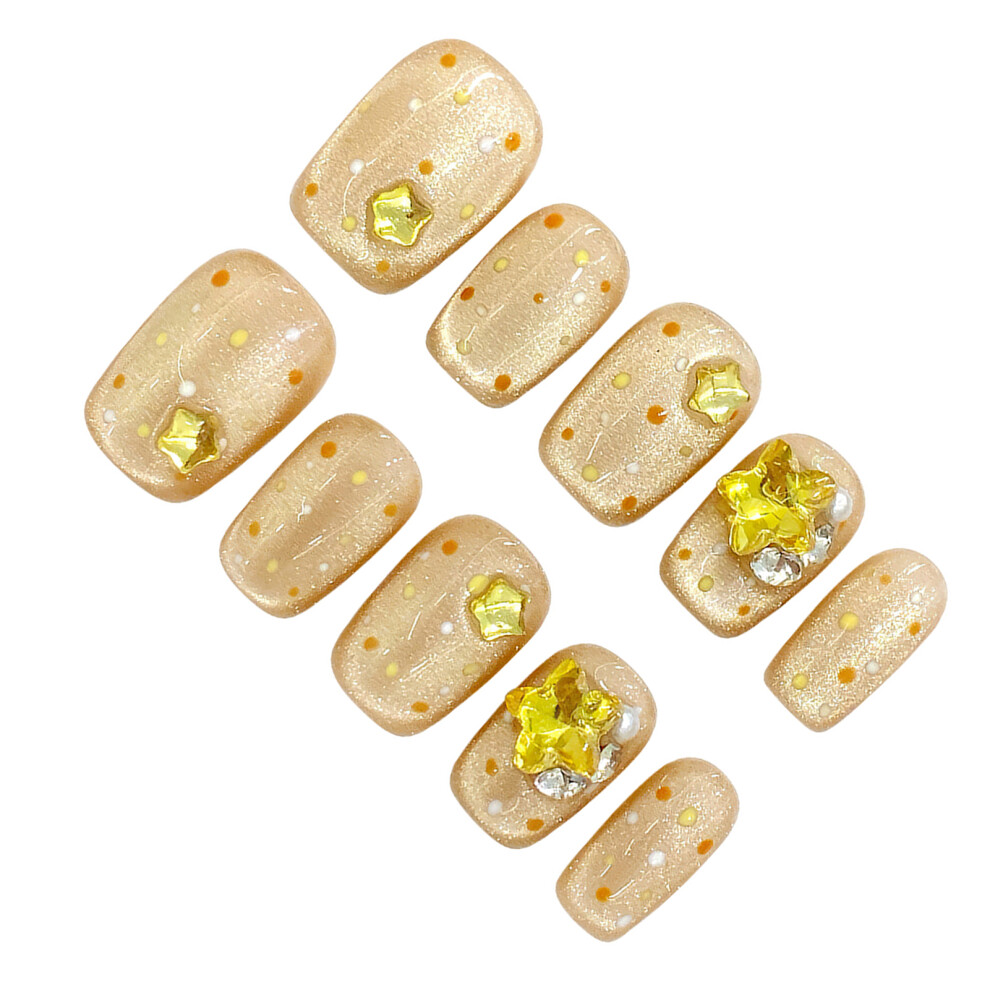 Penghui-Toys (Xs) Orange Short Cat Eyes Press On Nails Natural Unbreakable Nail Simple Wear For Fingernail Diy Decoration