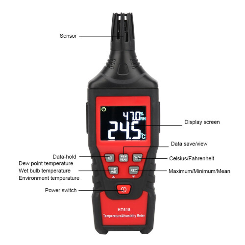 Digital Temp & Humidity Meter HT618, Dual LCD, Portable, High Accuracy 2