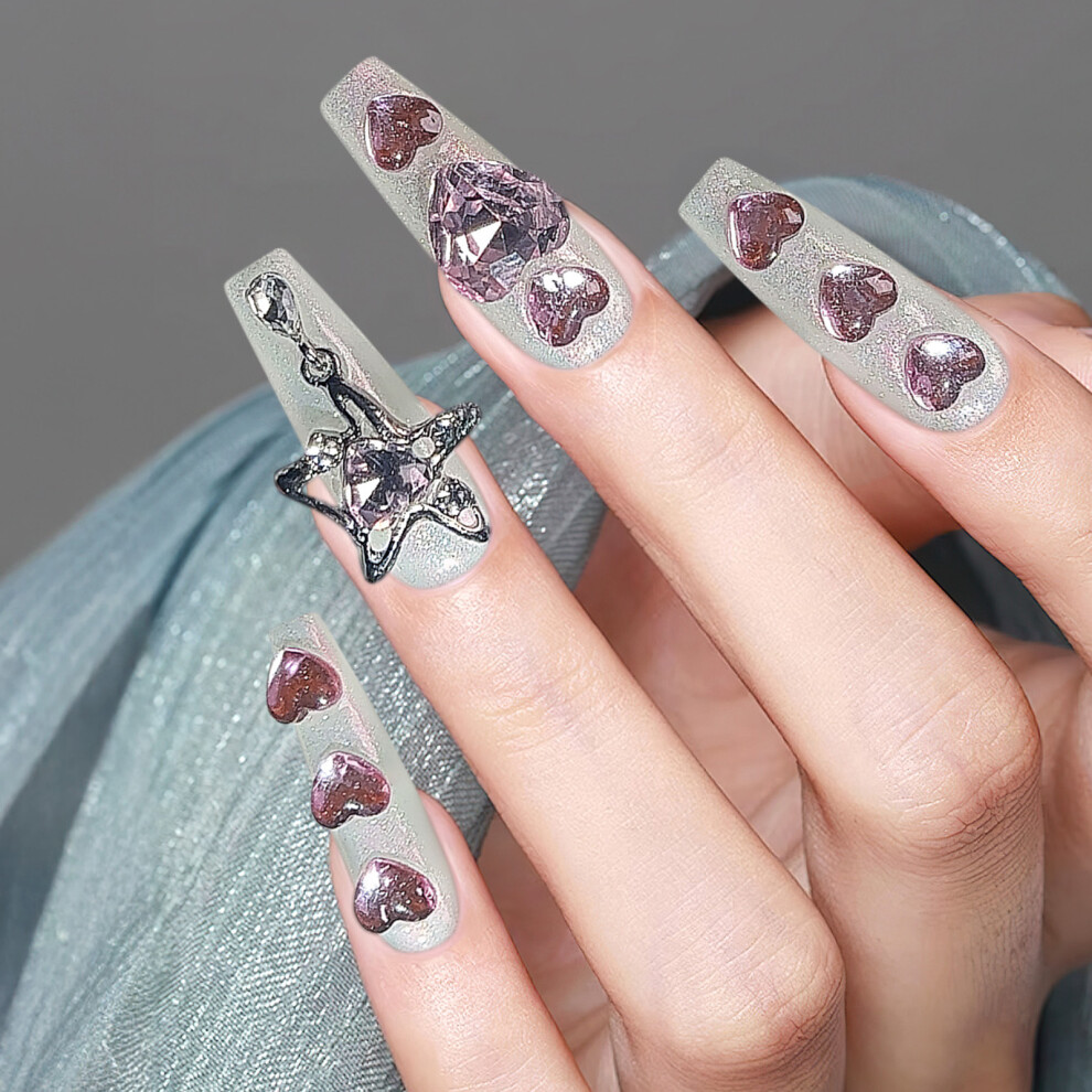 Bright-Home (Xs) Sweet Style Long Press On Nails With Rhinestone Charming Comfortable To Wear Manicure Nails For Girlfriend Wife Women An