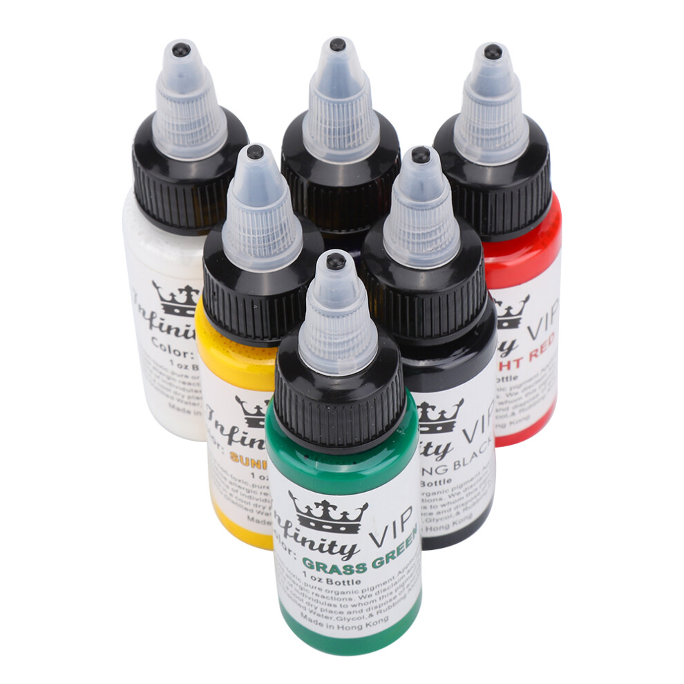 Black/Blue/White 6Pcs Semi Permanent Tattoo Ink Set 30Ml - , Red, Green, Yellow