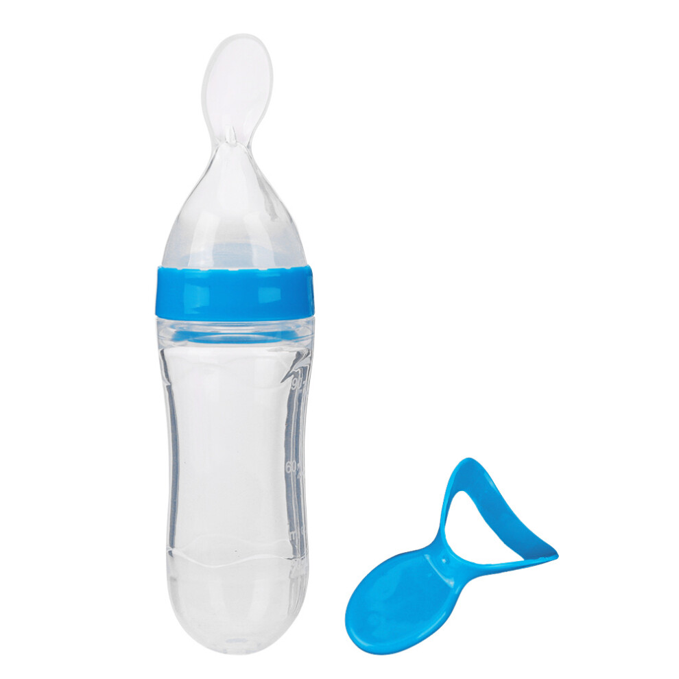 Toddler Feeding Bottle 90Ml Silicone With Spoon Food Squeeze & Cereal Blue