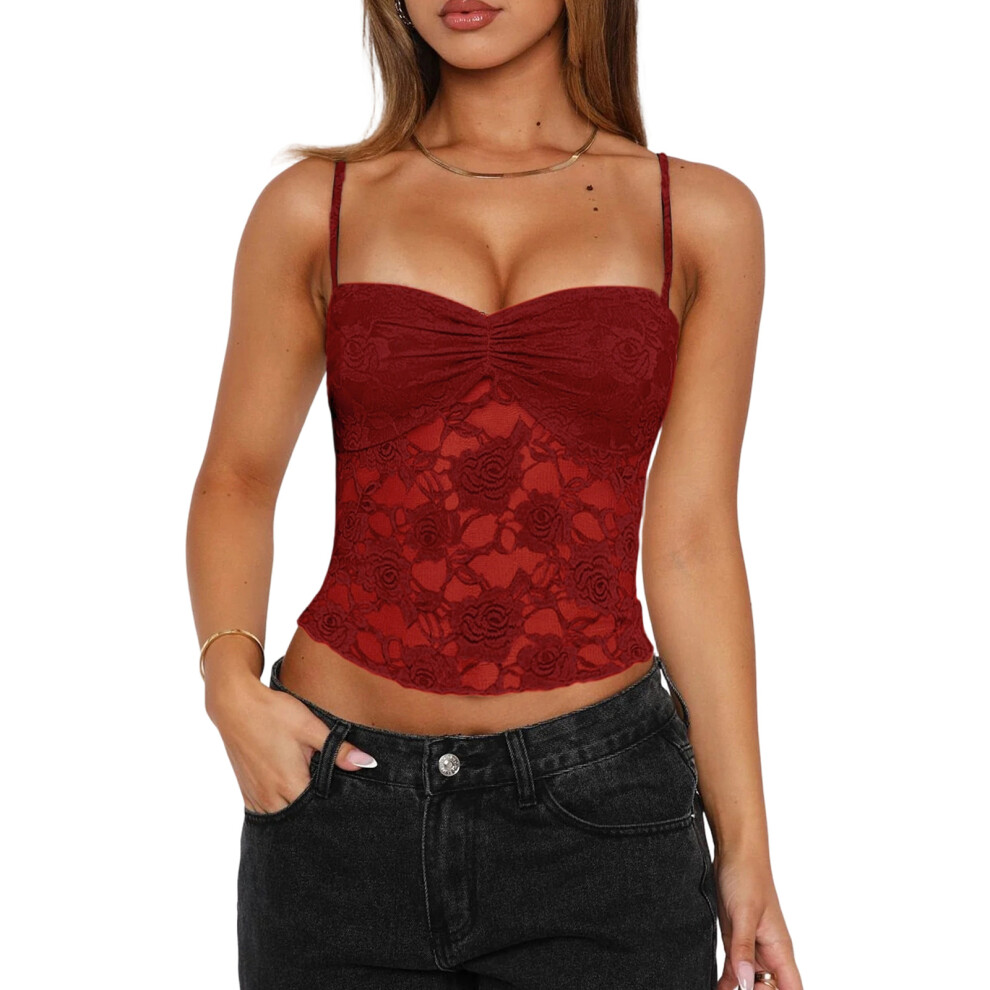 Women's Sheer Lace Camisole Spaghetti Strap Crop Tank-Claret XL