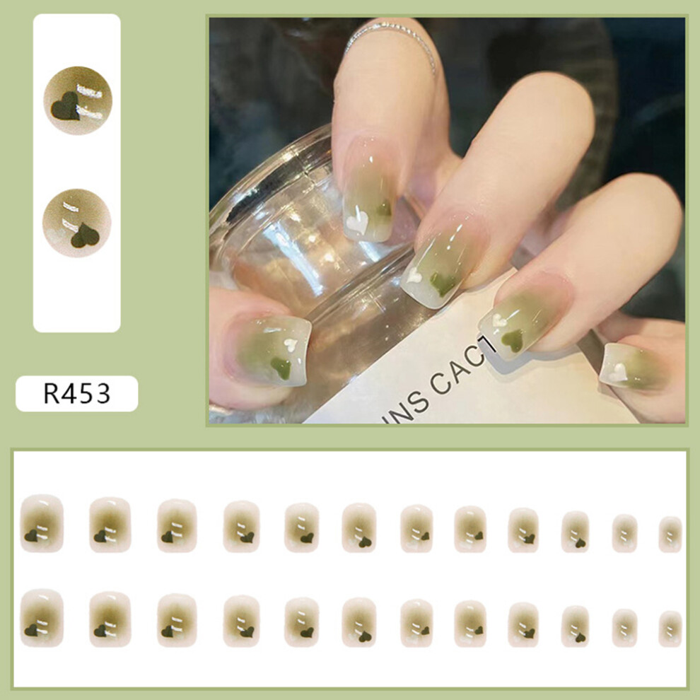 Dcph-Clothing (Jelly Glue Model) 24Pcs Heart Print Short Fake Nails Green
