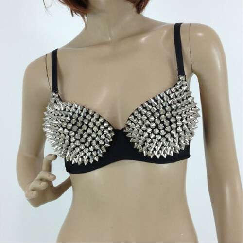 (Silver, 85B) Steampunk Spike Stud Bra for Women