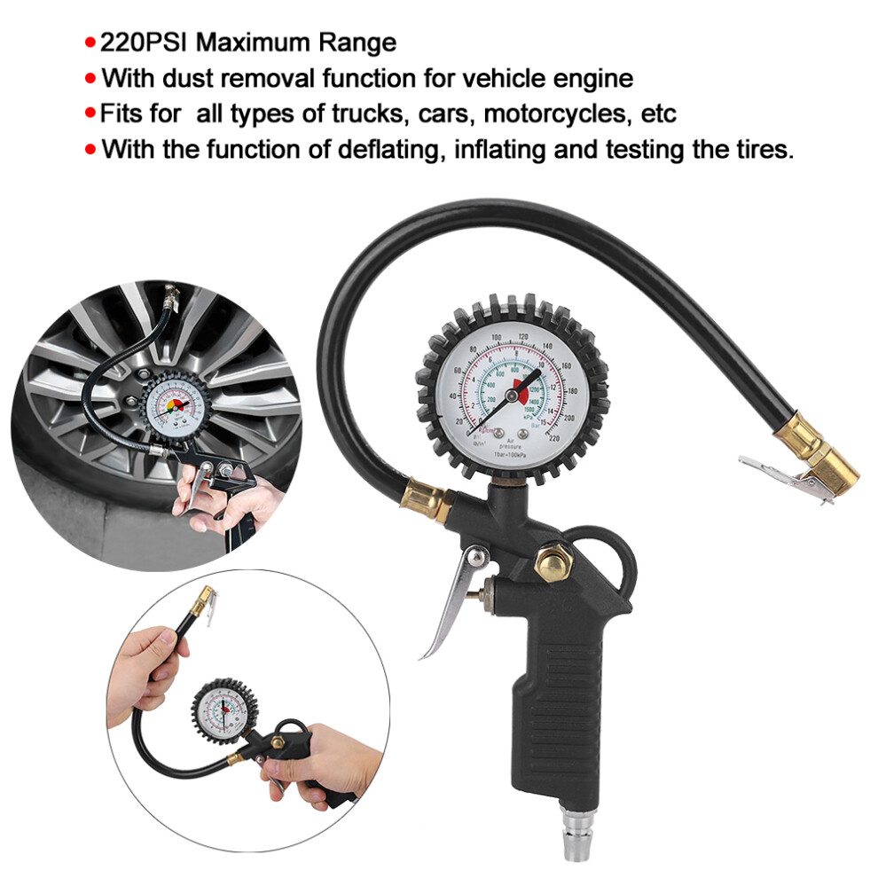 220 Psi Tire Inflator Gauge For Trucks Cars Motorcycles Zinc Alloy Abs 5041392359883