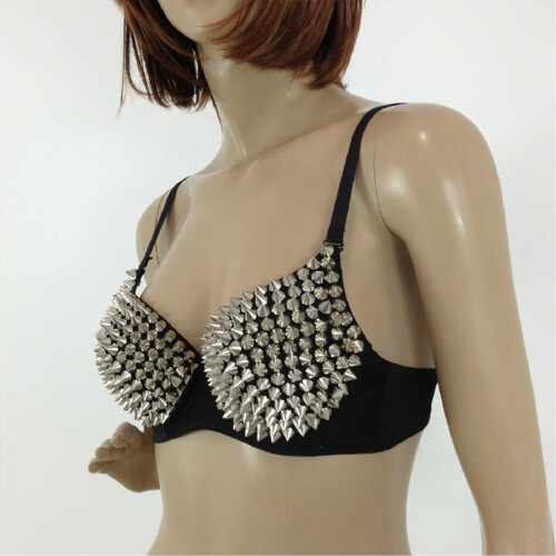 (Silver, 85B) Steampunk Spike Stud Bra for Women 1