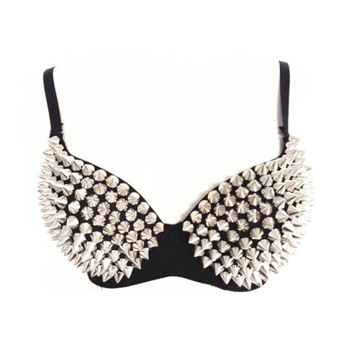 (Silver, 85B) Steampunk Spike Stud Bra for Women 2