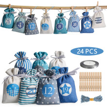 Sacolas de presente com estampa natalina personalizáveis, sacolas para calendário do Advento, fáceis de montar com cordão decorativo e