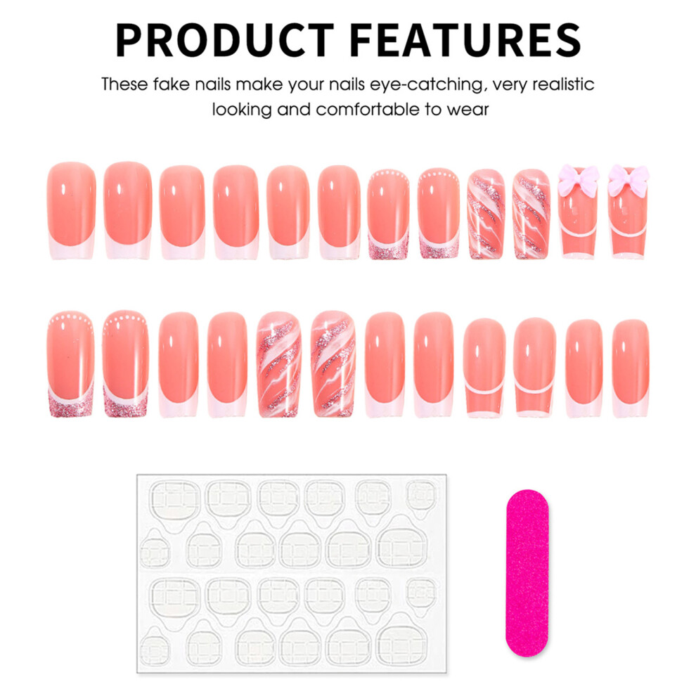 Reach-Tools 24Pcs Pink French Tip Fake Nails With Bowknots A8-03-11