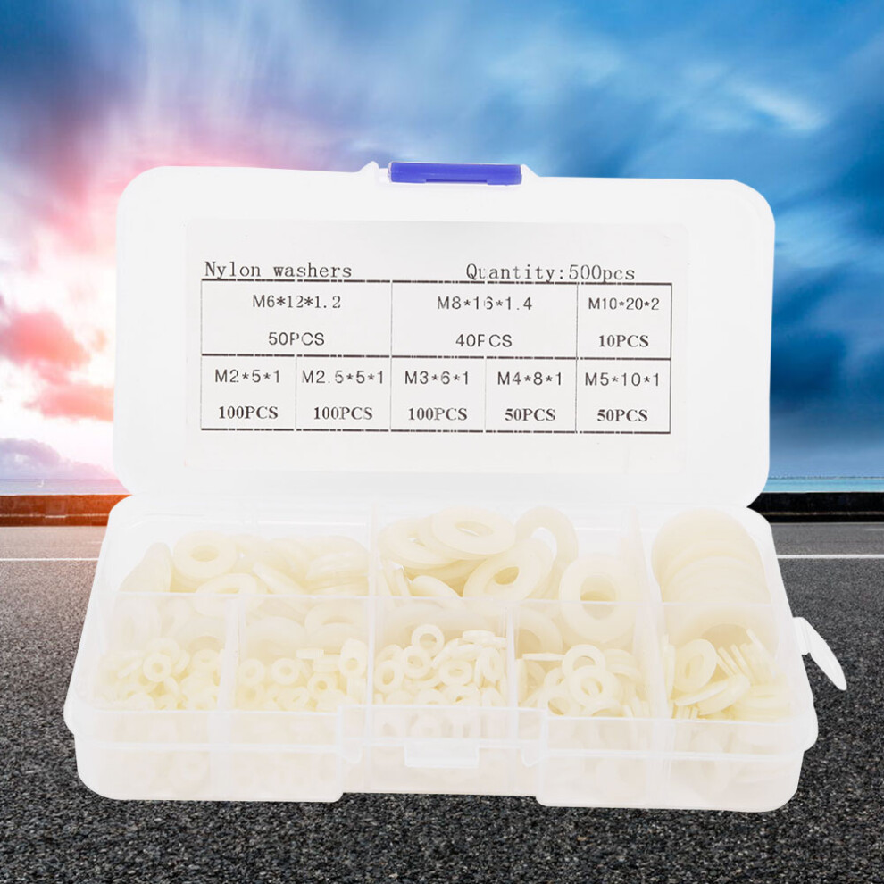 Nylon Washer Set M2-M10, 500Pcs, White, Various Sizes & Thicknesses 7681392385536