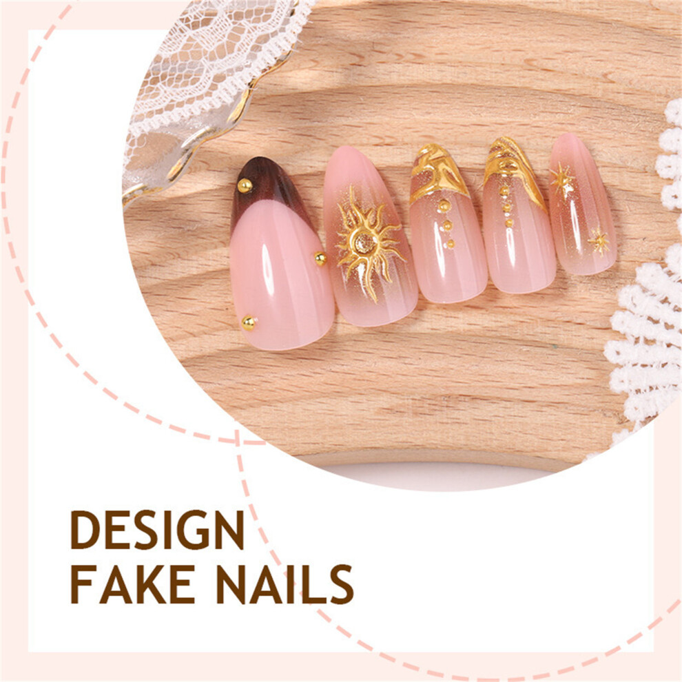 Hue-Grain 24Pcs 3D Gold Beads Floral Press On Nails