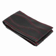 38cm (15in) Leather Steering Wheel Cover - Hand-Stitch Needle & Thread Black/Red