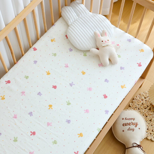 (Polka Dot Little Rabbit, 70x130cm) 3 Pack 100% cotton gauze Cot Bed Sheets Fitted Cot Sheets