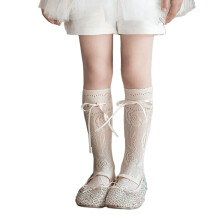 Pair Adorable Lace Trimmed Stacked Crew Socks with-Beige