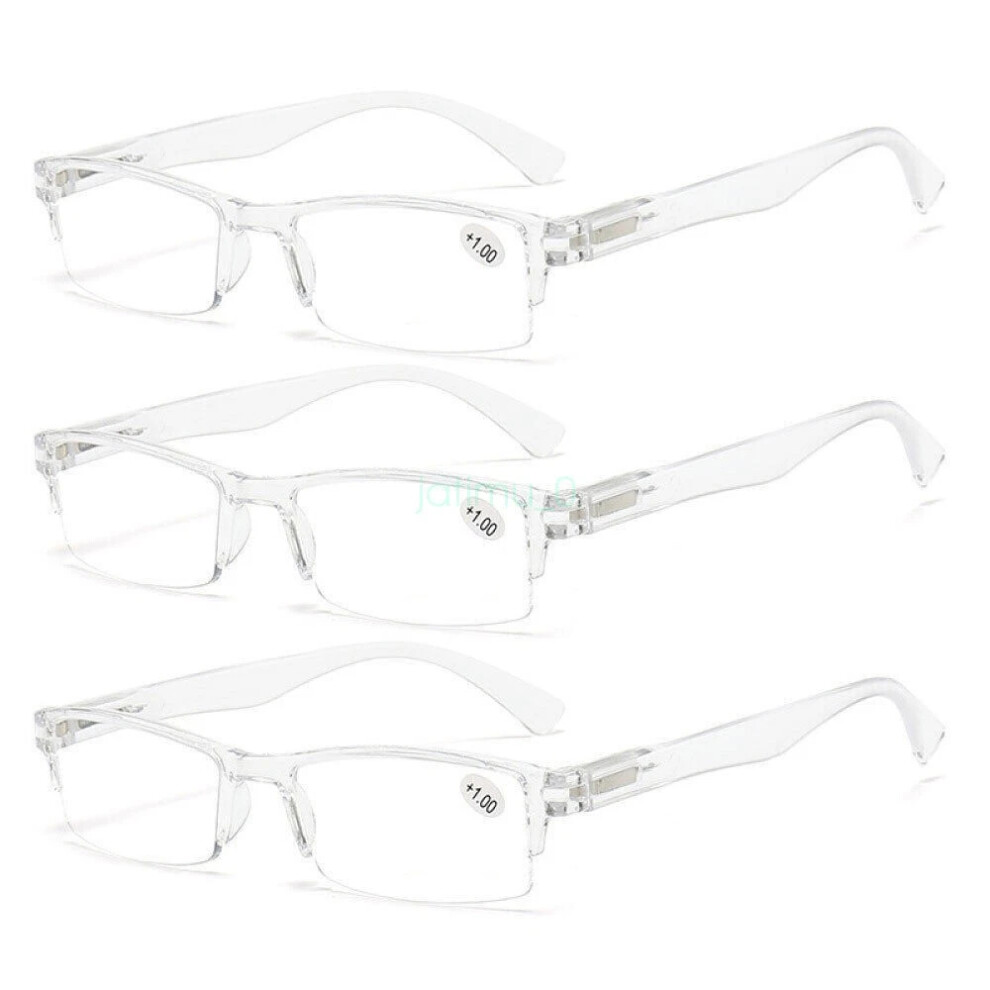 Paktoo (+1.00 Strength, 3 Pairs Of Clear) Transparent Spring Hinge Reading Glasses Half Rimless Lightweight Readers 3 Pack Hot