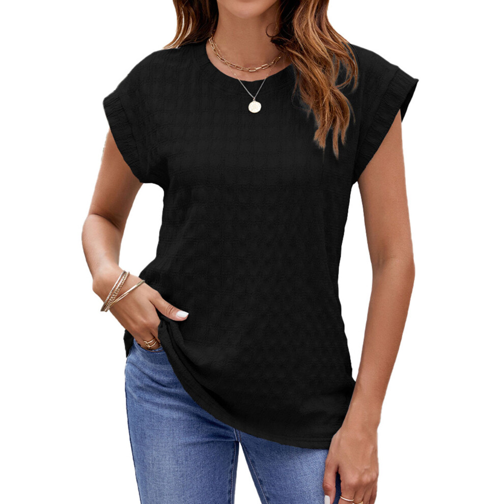 Women's round neck cap sleeve t-shirts,  casual tees,-Black S