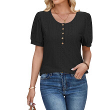 Damen-T-Shirt mit Knopfleiste, Rundhalsausschnitt,-Schwarz M