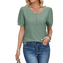 Damen-T-Shirt mit Knopfleiste, Rundhalsausschnitt,-Grün L