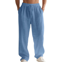 Men's Linen Button Straight Leg Pants, Drawstring- blue L