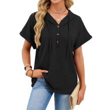 Women's knit T-shirt short-sleeved hooded sweatshirt-Black S