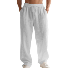 Men's Linen Button Straight Leg Pants, Drawstring-light gray L
