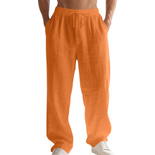 Men's Linen Button Straight Leg Pants, Drawstring-Orange L