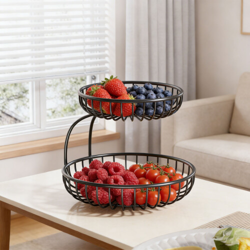 Double Layer Fruit Basket Organizers Durability Iron-Black 1