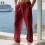 Men's Linen Button Straight Leg Pants, Drawstring Design-Pink M 2